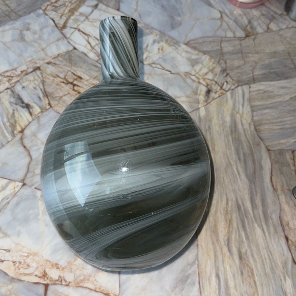 Hand Blown Glass Vase Grey White Swirl Pattern Round Bulbous Decorative 11"